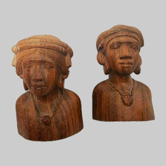 Mid Century Hand Carved Wood Tribal Maori South Pacific Bust Man Woman PAIR - Picture 1 of 11